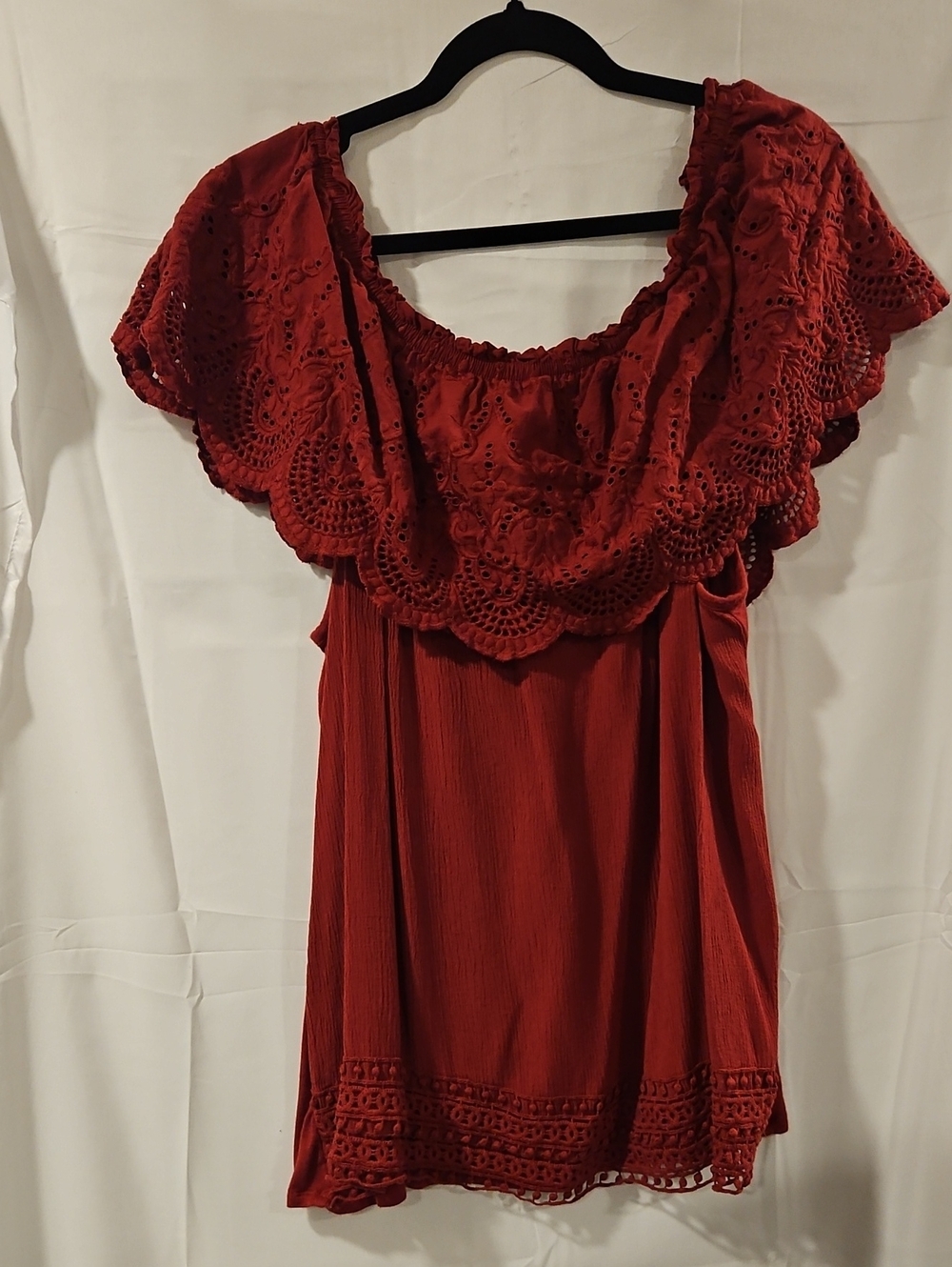 Knox Rose Brick Red Crochet Off-Shoulder Tunic